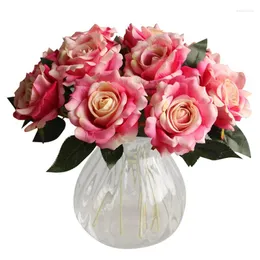 Fiori decorativi 10 pezzi Bouquet Rosa Silk artificiale con foglie DECORAZIONE DELLA CASA DELLA CASA FINO