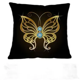Pillow Black Background Diamond And Golden Butterflies Pattern Linen Throw Case Home Sofa Room Decorative Cover 45x45cm261d