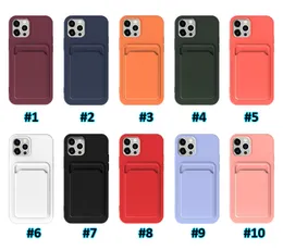 Kortplats Holder Liquid Silicone Soft Phone Falls för iPhone 14 13 12 11 Pro Max Mini XR XS X 8 7 6 Plus Pure Color TPU Case Cover
