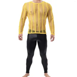 Men's Tracksuits Mesh See Through Tshirt Sexy Long Sleeve Fishnet Transparent Tee Shirt Homme Hip Hop Wet Look Faux Leather Pants Men