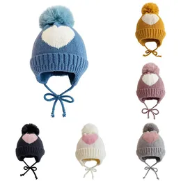 Barnhatt beanie jacquard älskar vinter varmt stickat baby hår boll öronkapital rra392