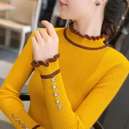 Fashion Ruffles Women Sweater Half Turtleneck Button Casual Knitted Tops Simple Solid Color Elastic Ladies Jumper New