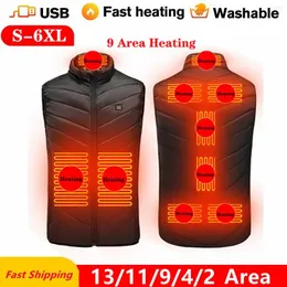 Men's Vests 13/9 Areas Heated Vest Men Women Usb Jacket Heating Thermal Clothing Hunting Winter BlackS-6XL