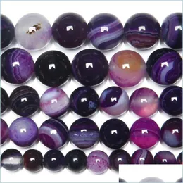 Stone 8mm Smooth Natural Stone Purple Stripe Agates Round Loose Beads 4 6 8 10 12mm Pick Size Armband Drop Delivery 2022 SMYELLT DHRFB