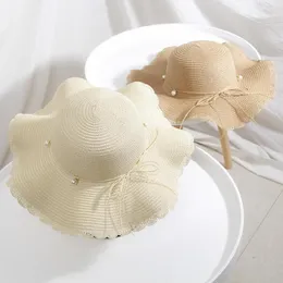 Geniş Memul Şapkalar Çocuk İnci Saf Renk Hasır Şapka Panama Plajı Bebek Güneşlik Güneş Kapağı