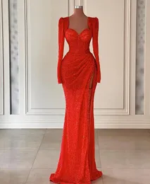 Arabski błyszczące sukienki wieczorne syreny czerwone cekiny Scoop z długim rękawem PROM Formalne impreza Vestidos de Fiesta
