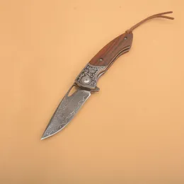 R1101 Coltello pieghevole Flipper Lama in acciaio damasco con punto di caduta Lama in palissandro con testa in acciaio intagliato Maniglia con cuscinetto a sfera Coltelli per cartelle tascabili EDC ad apertura rapida