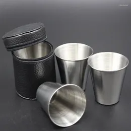 Mugs Wine Glasses Stainless Steel Mini 4-piece Set PU Leather Cup Portable Outdoor Travel Camping Party Drink Household Kitchen Tool