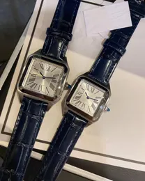Vintage Blue Leather Quartz Wristwatch Couples Geometric Square Watches Women Men Roman Number Watch Female Male Clock 28mm 32mm