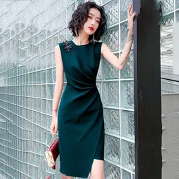 Ethnic Clothing Bling Rhinestone Cheongsam Sheath Dark Green Folds Qipao Mid-Length Half Sleeve Sexy Formal Party Dress Gown Zipper Vestidos