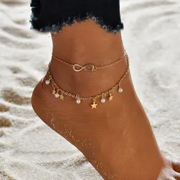 Anklets Simple Tassel Double Layer Star Pearl 8 Word Symbol Anklet For Women Barefoot Foot Jewelry Ankle Armband Female Ben Chain