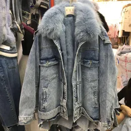 Jackets femininas Winter Winter Feminino de peles de pêlo de jeans de jeans de bastão feminino com mangas de manga de tacada de batalha solta jaqueta quente e quente f2417