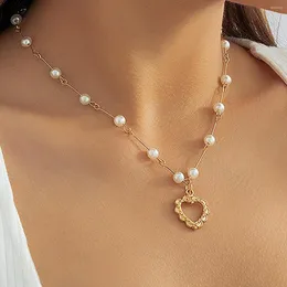 Choker 2022 Gold Color Fashion Women Simulated Pearl Heart Pendant Necklace Party Jewelry