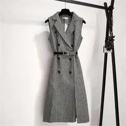 Abiti da donna Blazer scozzese con intaglio in tweed da donna Abiti invernali Doppiopetto lungo Gilet di lana Pied de poule Abito senza maniche Top con cintura divisa