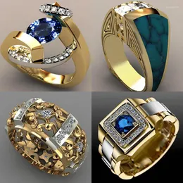 Bröllopsringar 2022 Blue White Zircon Stone Ring Manlig kvinnlig gula guldband smycken Löfte Engagemang för män och kvinnor