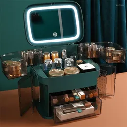 Caixas de armazenamento Cosmetics Organization Box Produce Produtos de cuidados com a pele à prova de poeira LED de desktop de grande capacidade com jóias de espelho integrado