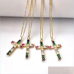 Pendant Necklaces Fashion Rainbow Cubic Zirconia Micro Pave Cross Pendant Necklace Mticolor Cz Stone Charms Women Jewelry Nk440 Drop Dhdci