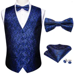 Men's Vests Blue Mens Wedding Suit Vest Paisley Jacquard Folral Silk Waistcoat Handkerchief Bow Tie Set Barry.Wang