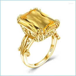 حلقات الكتلة حلقات الكتلة الفاخرة اللامعة 13 ملم Rec Citrine Big Ring للنساء مع الحجر الصلبة 925 الجنيه الاسترليني Sier المجوهرات TR DH51F