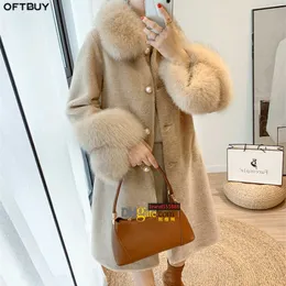 LuxuryWomen Winter Jacket Real Granule Sheep Shearing Coat Natural Fox Fur Collar Streetwear Thick Warm Outerwear Casual