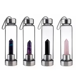 Natural Quartz Gemstone Glass Water Bottle Direct Drinking Cups Crystal Obelisk Wand Healing Wands Bottle With Rope Cup SS1101