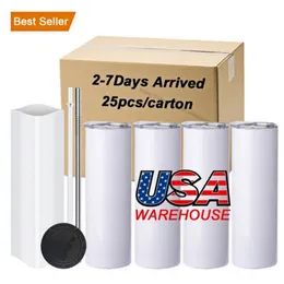 USA Warehouse 25pc/Carton Straight 20oz Sublimation Tumbler Blank Rostfritt stål Muggar DIY avsmalnande vakuumisolerade bilkaffe 2 dagar Leverans SSN01