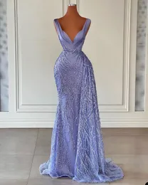Romantic Lilac lavender Prom Dresses Deep V Neck Sleeveless Sequined beaded Lace Floor Length Mermaid Size Train Evening Gown