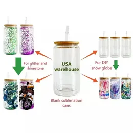 US STOCK 16oz Sublimation Single/Double Wall Glass Tumblers Snow Globe Blank Mugs with Bamboo Lid Beer Juice Jar Glasses Cups SS1101