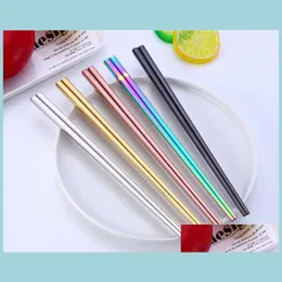 Chopsticks Glossy Titanium Plated Chopsticks Anti Scalting Highgrad 304 Rostfritt stål Rainbow Golden Black Square Drop Delivery 2 Dhasb