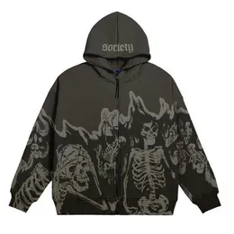 Erkek Hoodies Tişörtü Erkekler Kafatası Baskı Vintage Kapşonlu Fermuarlı Sweatshirt Gotik Üst Yüksek Sokak Harajuku Streetwear Büyük Boy Ceket Kaban Hoodie 221102