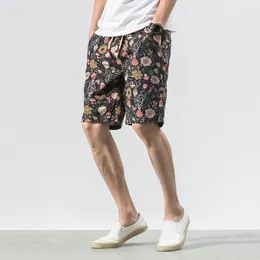 Männer Shorts Chinesischen Stil Dünne Baumwolle Leinen Strand Sommer Lose Plus Größe Casual Fünf Hosen 2022 Blume Jogginghose Männer