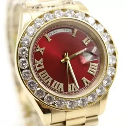 Orologio di lusso rosso 43 mm President in oro con grandi diamanti Orologi da uomo da uomo in acciaio inossidabile con lunetta di diamanti Reloj automatico da uomo