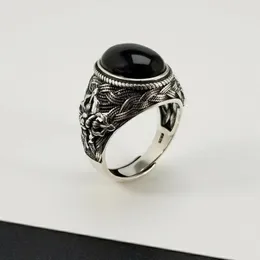 Cluster Ringe Natürlicher schwarzer Onyx Ovaler Stein Massives Silber 925 Band Männer Reines Sterling Thai Coole Herrenschmuck Geschenke