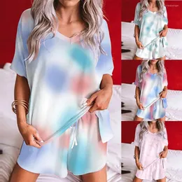 Kadın Tişörtleri Egzersiz Kadın Gömlek Kadın Tie-Die Baskı V-Neck Leisure Suit Kısa Kollu Üstler Şort Set Yuvarlak Boyun Kadınları