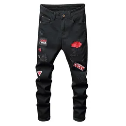 Men's Jeans Sokotoo Men's red flower letters embroidery black jeans Fahion badge stretch denim pants T221102