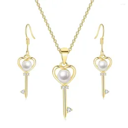 Orecchini collana set gioielli di perle d'imitazione per le donne regali di nozze color oro chiaro chiave magica coreana all'ingrosso S535