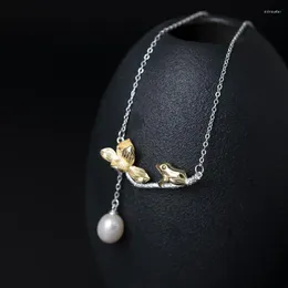 Kedjor djur groda lotus blomma naturliga pärlhängen halsband riktiga 925 sterling silver smycken för kvinnor utsökta