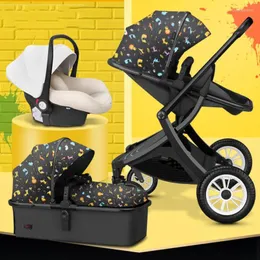 Barnvagnar baby barnvagn 3in1 med bilstol hög landskap caetoon vagn vikbar basinet puchair född