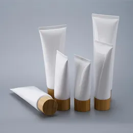 Empty White Plastic Squeeze Tubes Bottle Cosmetic Cream Jars Refillable Travel Lip Balm Container with Bamboo Cap SN63