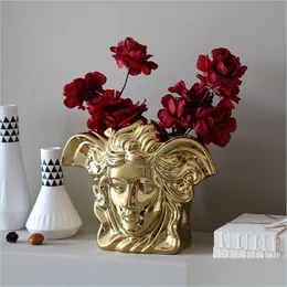 Vases Vases European Style Light Luxury Electroplating Golden Brushed Ceramic Metal Gold Vase Modern Dining Table Home Decoration We Dhzc4