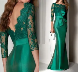 Zielone sukienki balowe 2023 Elegancka łódka szyi długość podłogi satynowy koronkowy pół rękaw