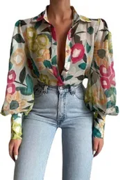 Печать с длинным пуховым рукавом женская рубашка элегантные V-образные цветочные офисные рубашки весна лето модные дамы блузки блузки