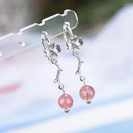 Dingle örhängen lyx S925 silverörhängen droppar för kvinnor med klöver och lång tofs av trädblad rosa jordgubbmånsten