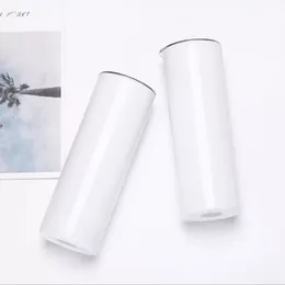 Sublimacja magazynu w USA Blanki Kubki 20 uncji stali nierdzewne proste kubki Białe biały kubek z pokrywkami i słomką miseczki do przenoszenia ciepła butelki 0417