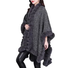 Kadınlar Kürk Faux Fur 2021 Kadın Kış Kalın Şal String Sivil Kürk Gevşek Ponço Büyük Sarkaç Capes Büyük boyutlu pelerin Siyah Katlı Sıcak T221102