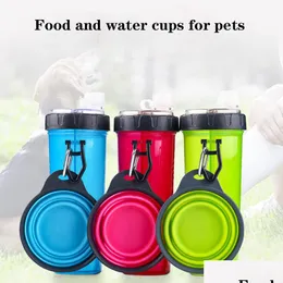 Alimentatori per ciotole per cani Alimentatore portatile 2 in 1 per alimenti per animali domestici Contenitore a doppio scopo da viaggio all'aperto con ciotole pieghevoli per cani Tazza per cani 5 Dr Dhkfw