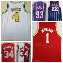 Man Retro Basket Jalen Grön tröja 4 Clyde Drexler 22 Hakeem Olajuwon 34 Tracy McGrady 1 Vintage Team Marinblå Vit Röd Stadsförening Klassisk Stitched