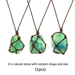 Pendant Necklaces Natural Crystal Blue Green Fluorite Necklace Hand Woven Antique Stone Geometric Shape 81cm Length