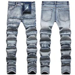 Dżinsy plus dżinsy męskie spodnie żebrak dżins szczupły patchwork moto motocyklowy dżinsowe spodnie Hip Hop 28-42
