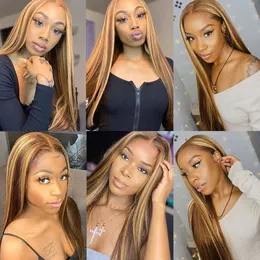 13X4 Highlight Straight Lace Front Human Hair Wigs Ombre Brown Lace Frontal Wig Pre Plucked Honey Blonde Wig